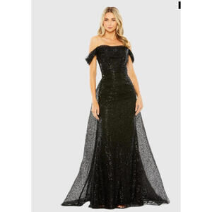 NWT Mac Duggal Off the Shoulder Black Sequin Panel Train Gown Size 12 20515